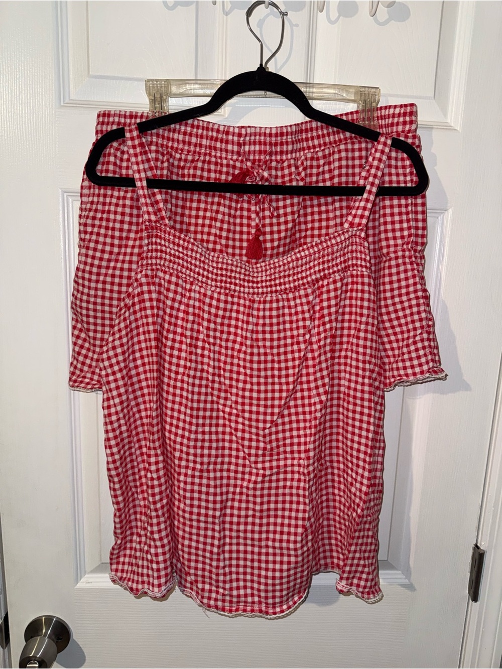 Women’s Red Gingham 2 Piece Pj Short Set 1x Scalloped Edges Drawstring Waist